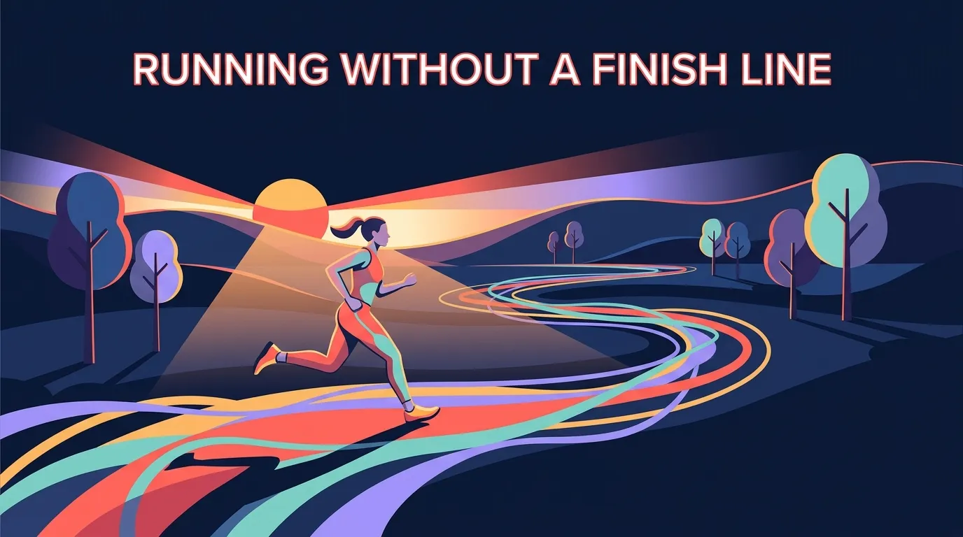 Illustration of a solo runner on a curving path through open scenery with no finish line in sight, evoking self-directed, purposeless running