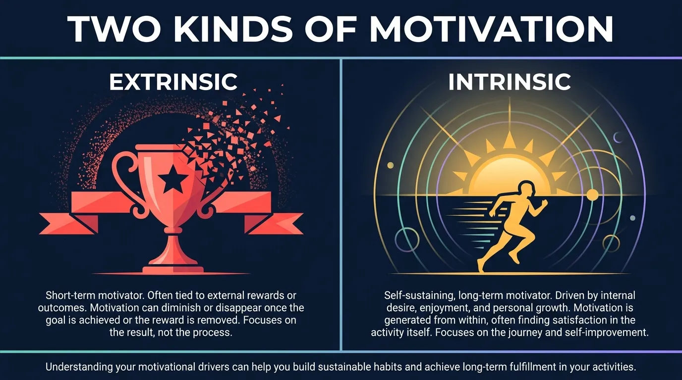 Conceptual illustration comparing extrinsic and intrinsic motivation for running with a fading medal on one side and a glowing sunrise on the other