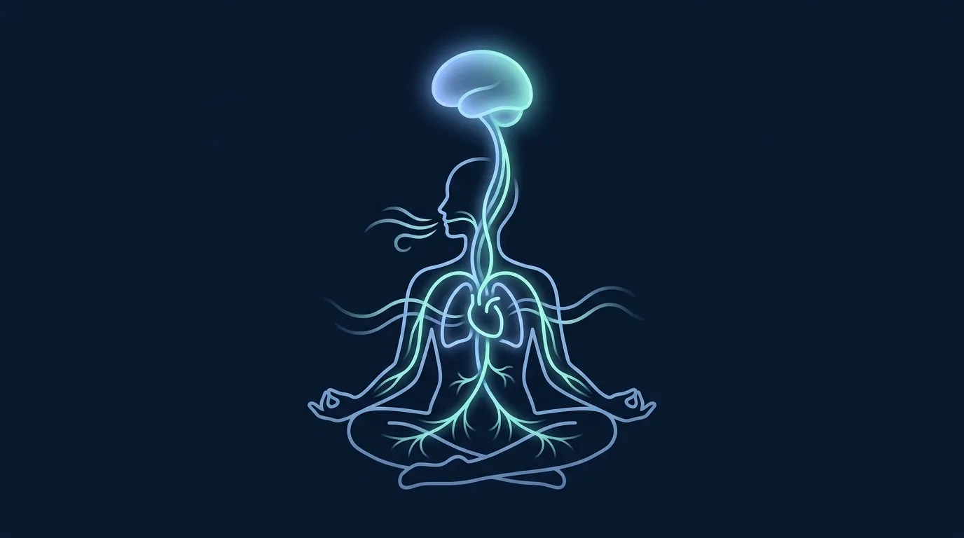 Illustrated guide to somatic exercise nervous system regulation, dark navy editorial style