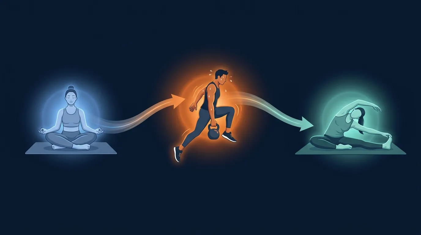 Somatic exercises integrated into a fitness recovery routine, illustrated editorial dark navy infographic