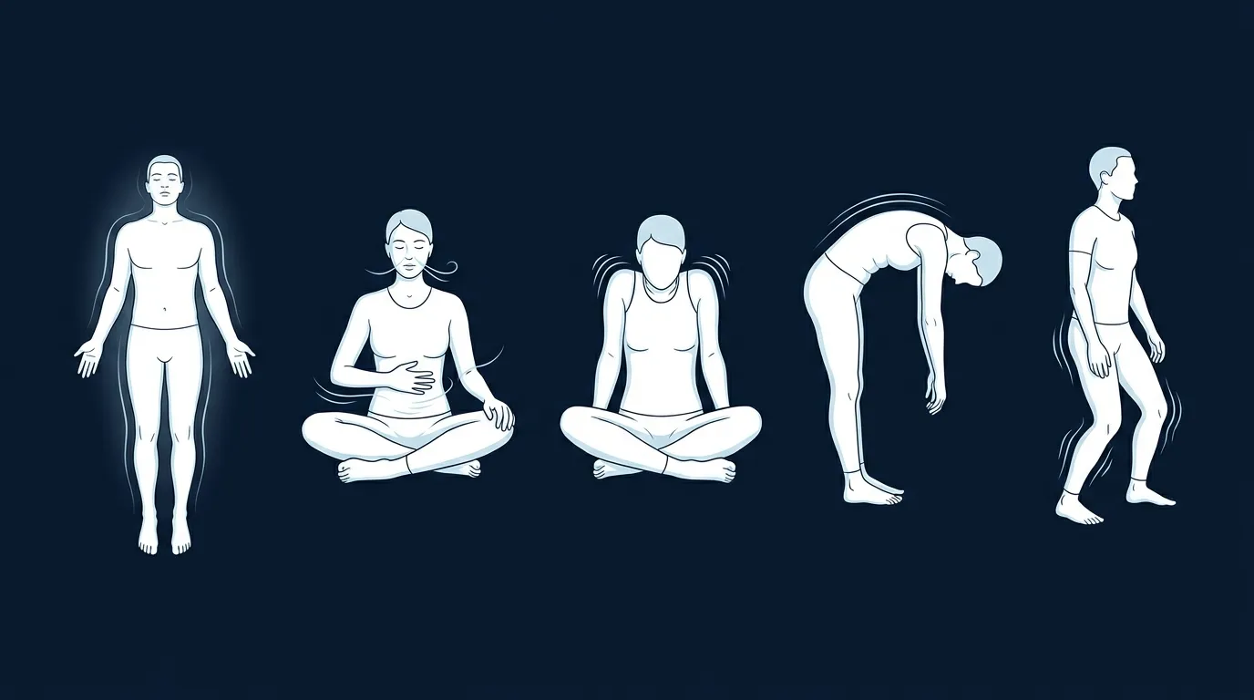 Five somatic exercise techniques illustrated on dark navy background, editorial fitness infographic