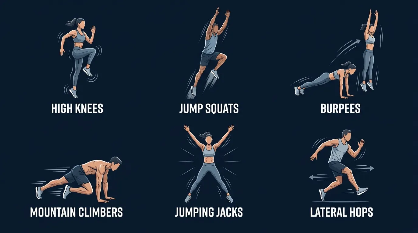 Six bodyweight VO2 max interval exercises done at home: high knees, jump squats, burpees, mountain climbers, jumping jacks, and lateral hops