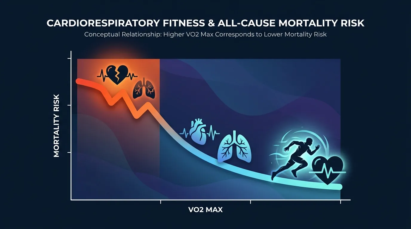 Chart showing VO2 max as a predictor of all-cause mortality, with the bottom quintile of cardiorespiratory fitness carrying greater risk than smoking based on the 2018 JAMA Network Open analysis