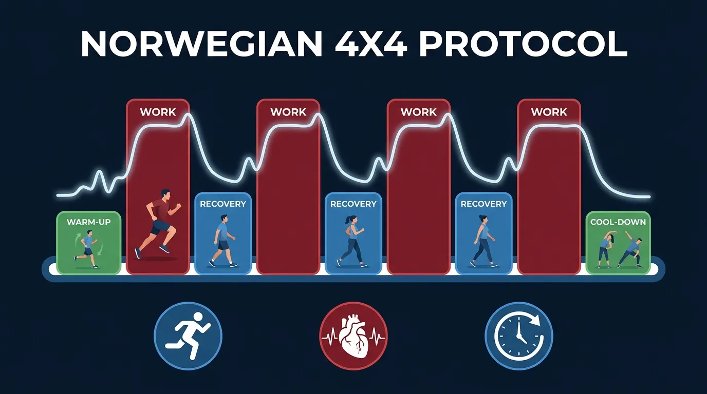 Diagram of the Norwegian 4x4 VO2 max interval protocol showing four 4-minute hard intervals at 85-95 percent max heart rate separated by three-minute active recovery periods