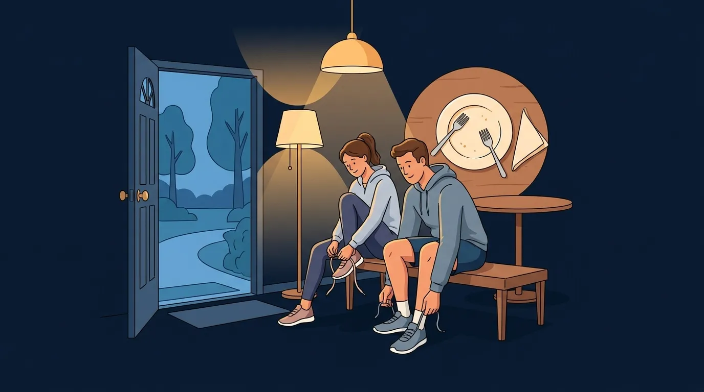 Ilustração editorial mostrando um casal calmo amarrando os tênis perto da porta da frente logo após o jantar, com uma pista visual simples ligando a caminhada pós-refeição ao prato vazio