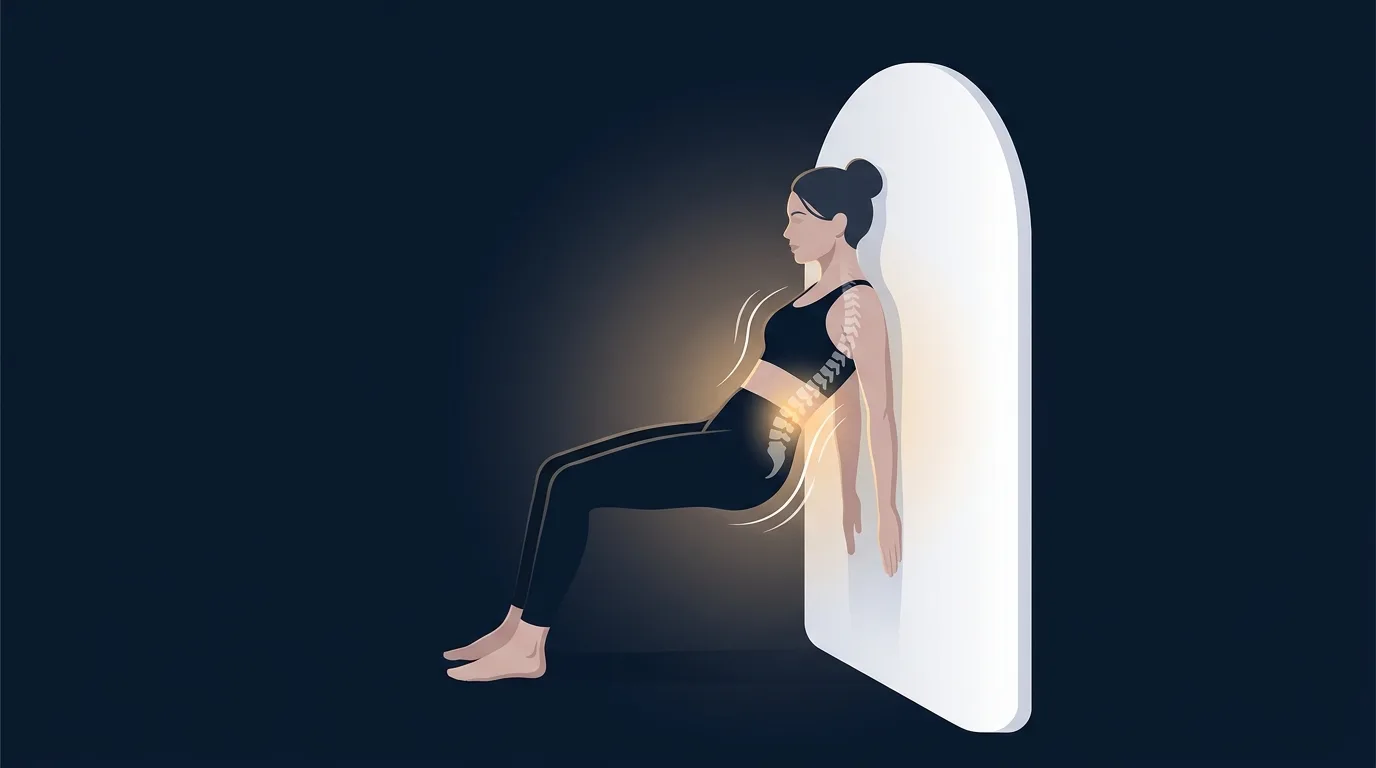 Redaktionelle Illustration, die die propriozeptive Feedback-Schleife zwischen der Wirbelsäule einer Person und einer Wand während eines Pilates-Roll-Downs zeigt, mit subtilen Hervorhebungslinien an Lendenwirbelsäule und Becken