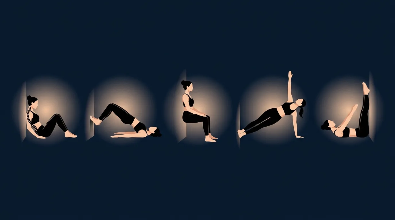 Redaktionelle Illustration einer einfachen wöchentlichen Wall-Pilates-Routine mit Kalendermarkierungen für drei Einheiten und Icons für Roll-Down, Bridge, Wall-Sit, Seitenplank und Pilates-Hundred