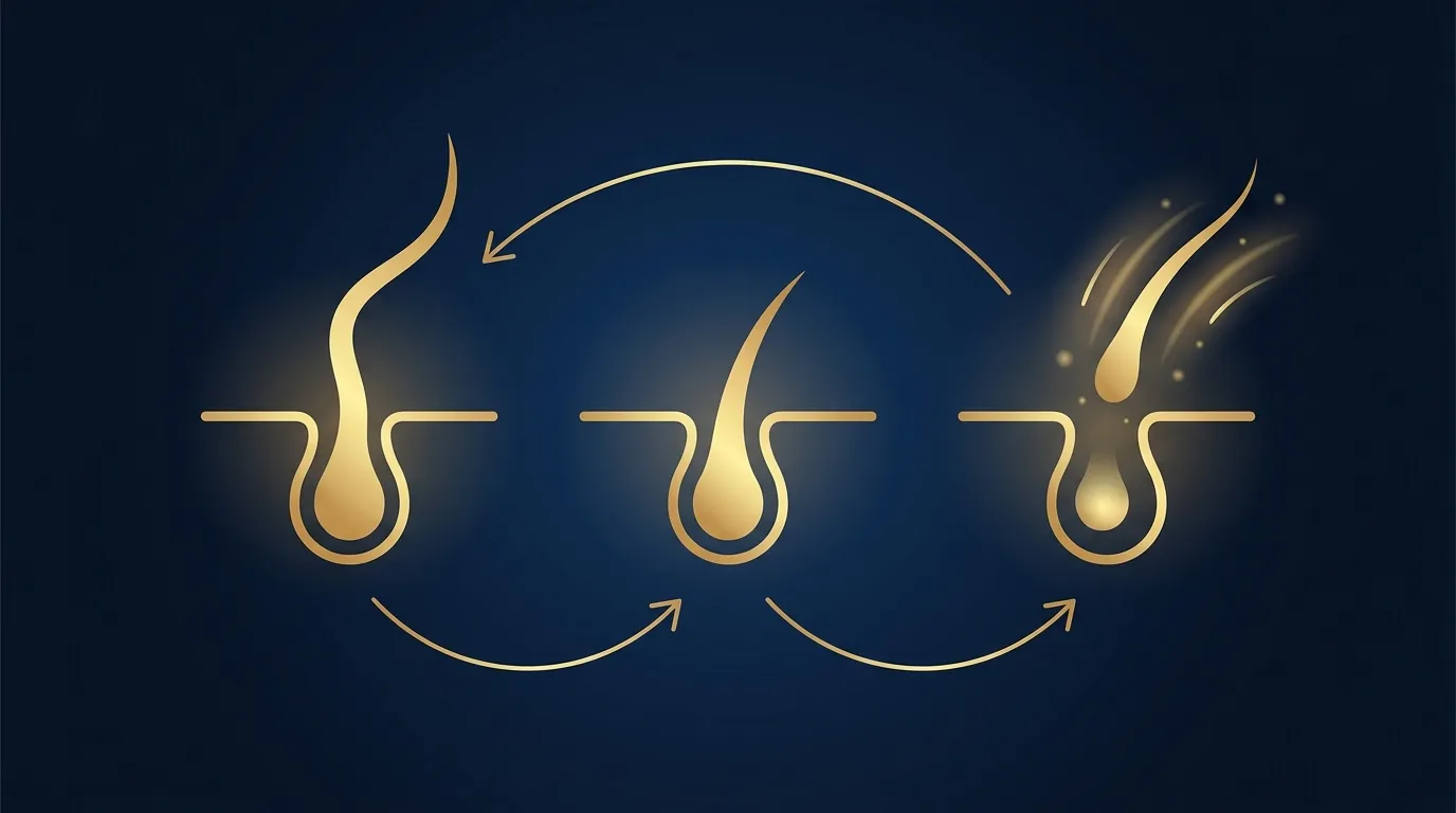 Redaktionelle Illustration des Haarwachstumszyklus mit Wachstumsphase, Ruhephase und Ausfallphase, die Telogen-Effluvium nach schnellem Gewichtsverlust erklärt