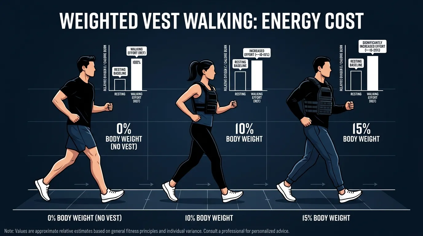 Illustration éditoriale montrant l'effet métabolique de la marche avec un gilet lesté à des pourcentages croissants du poids corporel