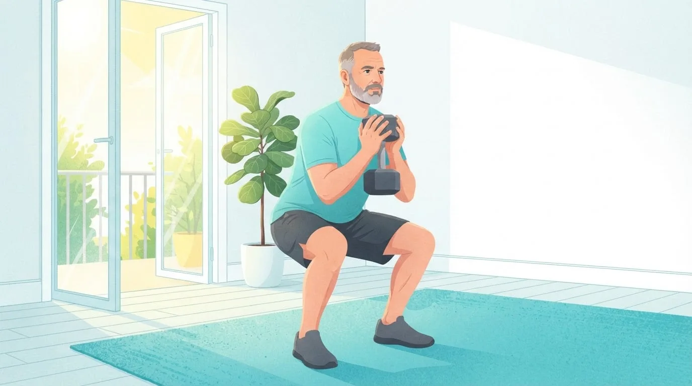 Ein Mann in den Fünfzigern macht einen Goblet Squat mit einer Kurzhantel an der Brust in einem sonnigen Wohnzimmer mit offenen Balkontüren, eine Wiederholung eines Satzes innerhalb eines Wiederholungsbereichs