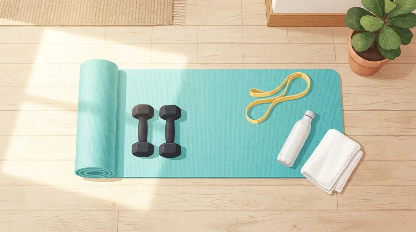 Ansicht von oben auf eine türkisfarbene Trainingsmatte auf einem sonnenbeschienenen Holzboden mit einem Paar Kurzhanteln, einem gelben Widerstandsband, einer Wasserflasche und einem Handtuch, das Setup für ein Home-Workout mit Wiederholungen und Sätzen