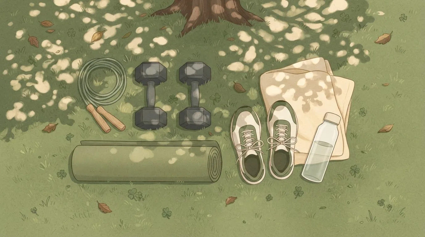 Overhead view of a coiled jump rope, two hexagonal dumbbells, a rolled olive exercise mat, white running shoes, a folded towel and a water bottle laid out on grass in dappled shade