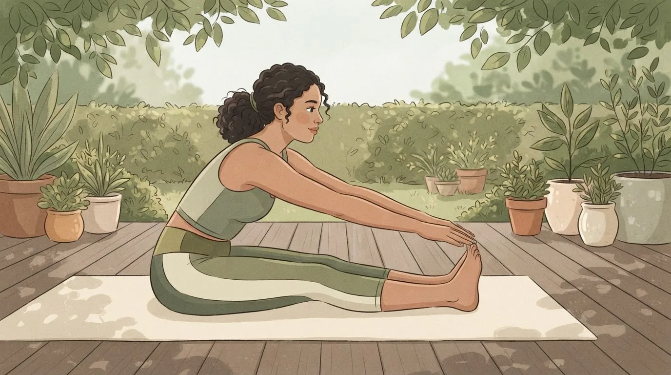 A woman with curly dark hair sits on a cream mat on a wooden garden deck and reaches both hands to her toes in a seated forward fold, the movement behind the sit-and-reach flexibility test