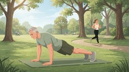 A gray-haired man holds a push-up on a green mat on a park lawn while a young woman jogs along a gravel path under oak trees behind him, two of the 5 components of fitness trained side by side