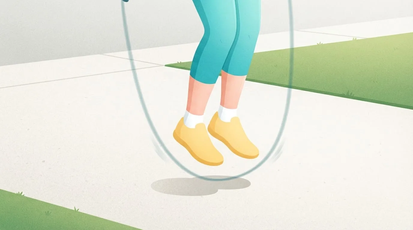 Close-up of a woman's feet and a jump rope mid-swing on a sunny concrete driveway, one of the highest-energy forms of cardio