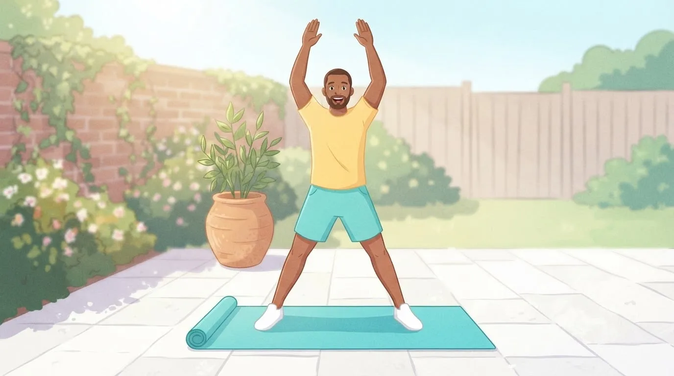 A man in his forties doing jumping jacks on a sunny backyard patio beside a turquoise exercise mat, an example of cardio exercise at home with no equipment
