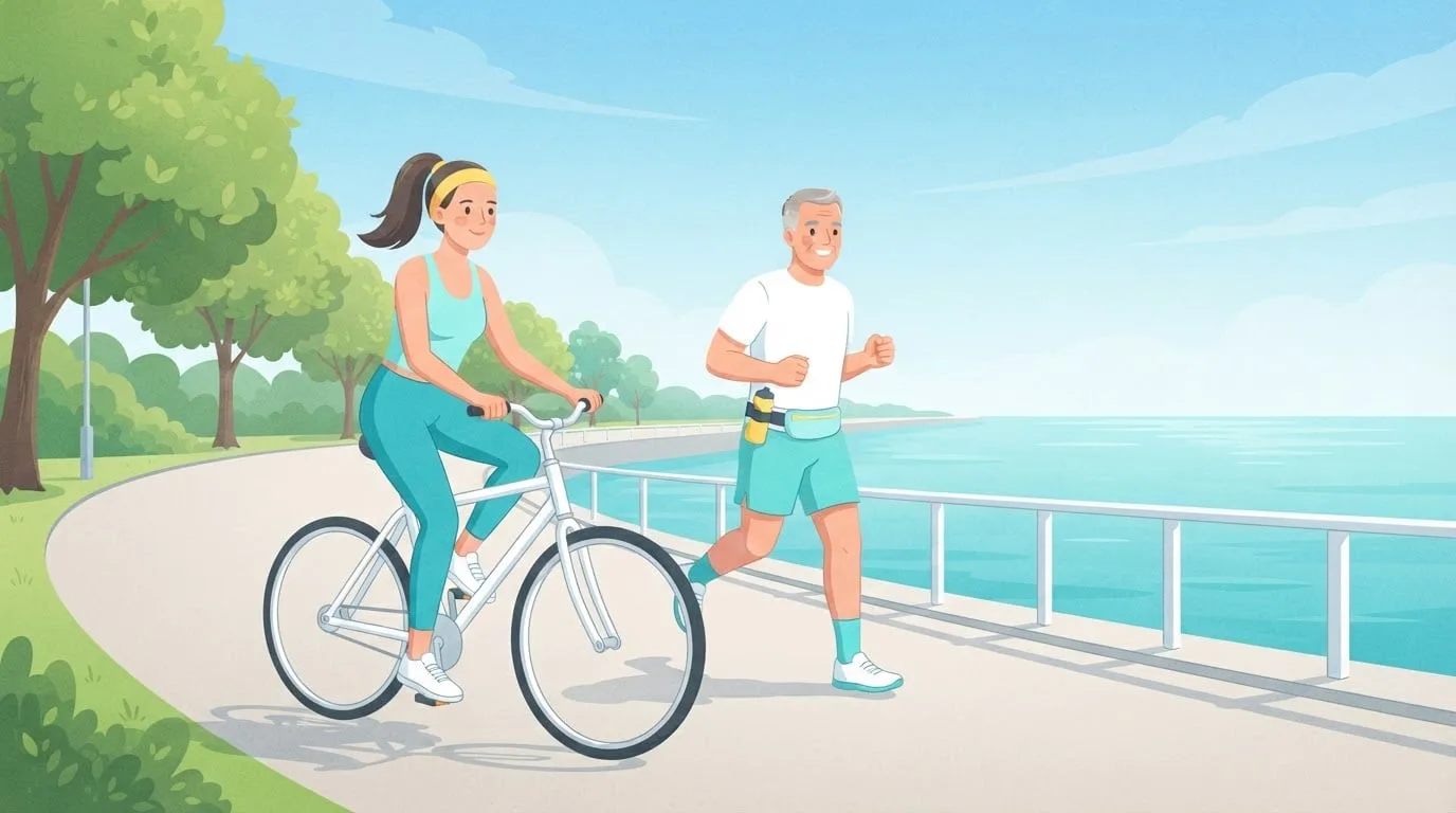A woman cycling and a man jogging along a sunny waterfront path at midday, two everyday activities that count as cardio when they keep the heart rate up