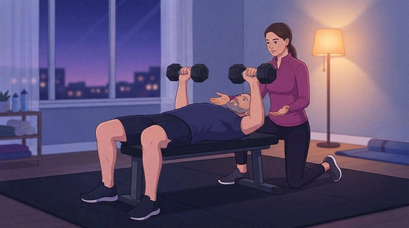 A grey-bearded man presses two plain dumbbells above his chest on a flat bench while a woman in a magenta top kneels at his head as a spotter, testing a pressing PR safely in a home gym at dusk