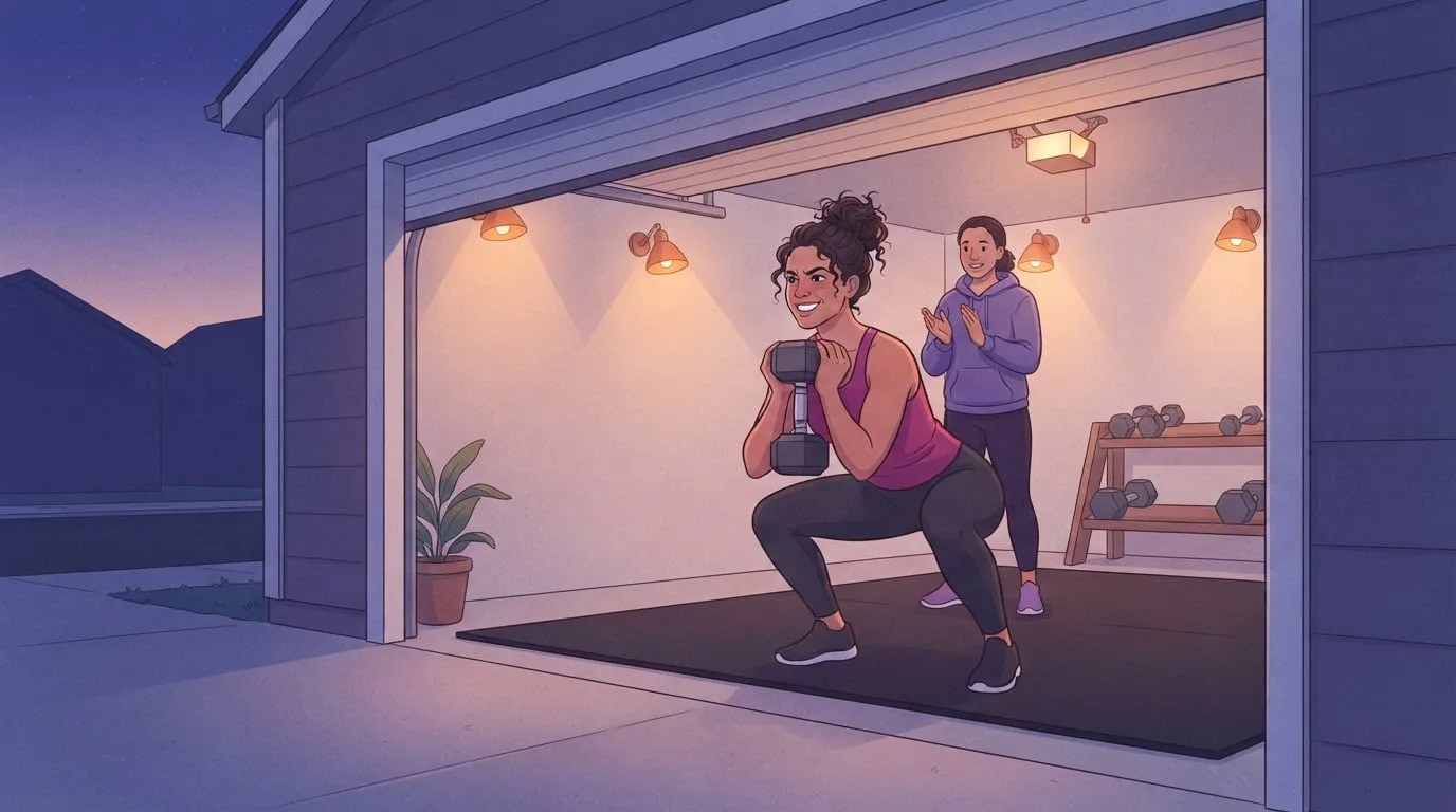 A woman in a magenta tank top rises out of a goblet squat with a heavy dumbbell in an open garage gym at dusk while a friend claps, celebrating a new PR