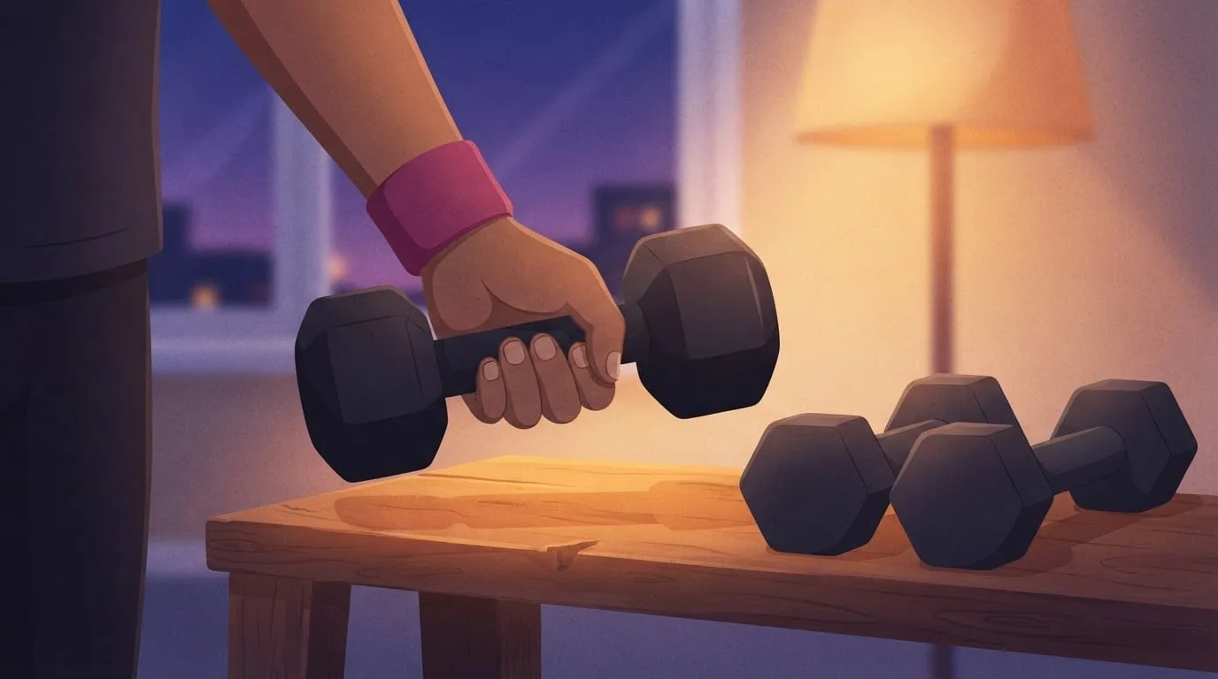 Close-up of a hand in a magenta wristband picking up a plain hexagonal dumbbell beside another pair on a wooden bench in a lamp-lit home gym at dusk, a home lifter moving up a dumbbell size