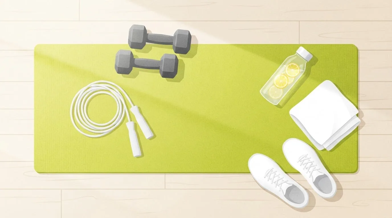 Overhead view of a lime-green exercise mat with a pair of hex dumbbells, a coiled jump rope, a folded towel, sneakers and a water bottle with lemon slices, a home kit for the exercises that burn the most calories