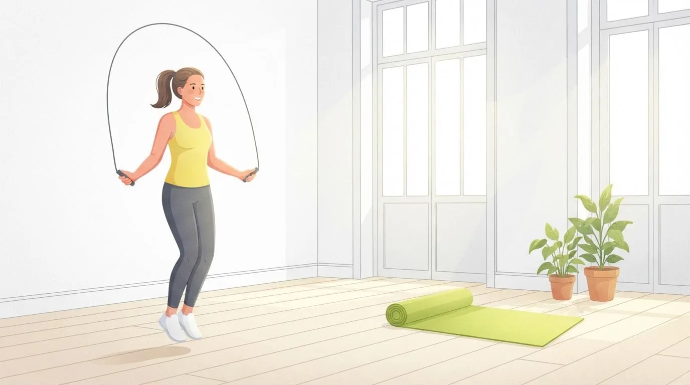 A woman jumping rope mid-skip in a bright home studio with tall sunlit windows, one of the exercises that burns the most calories per minute