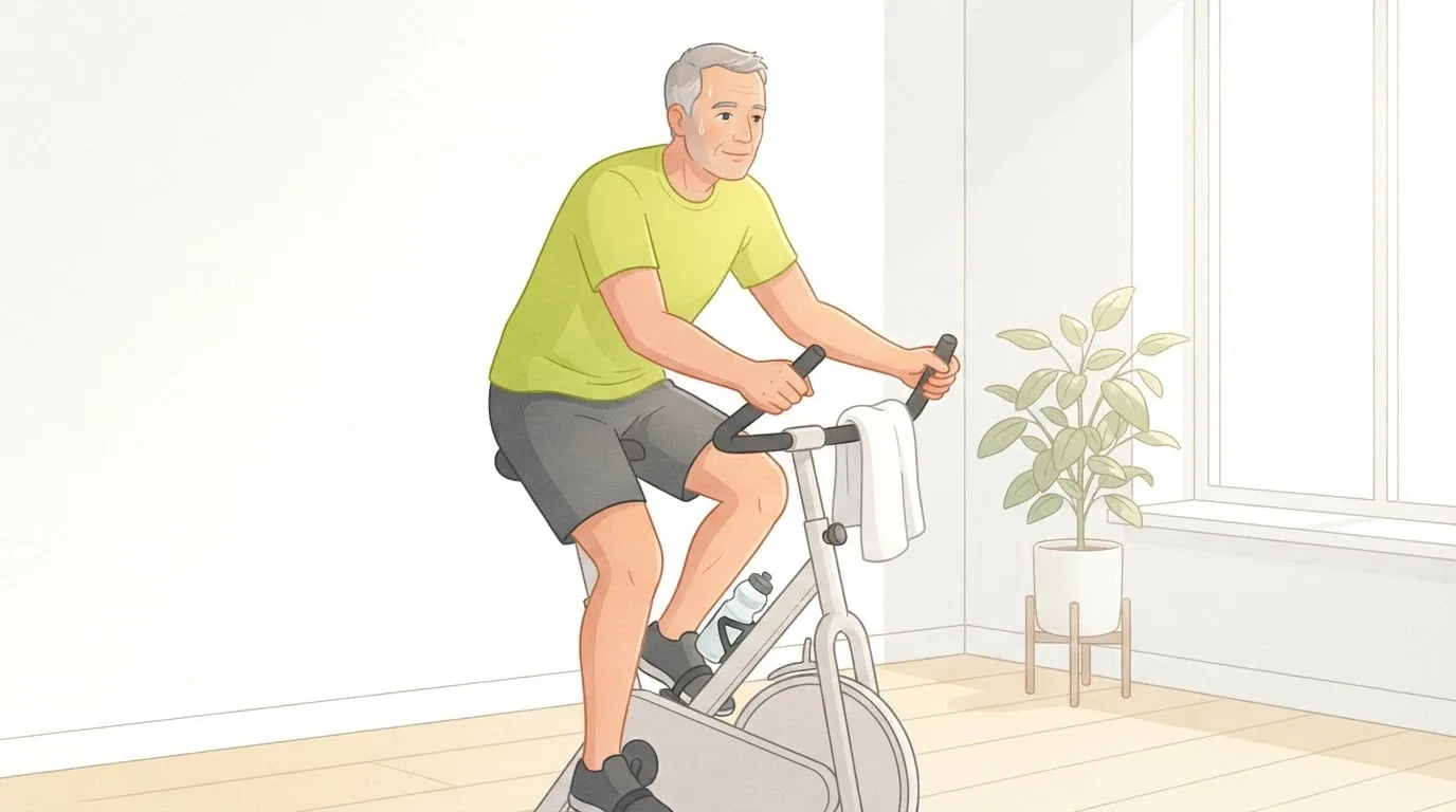 A man in his fifties riding a stationary bike at a steady pace beside a sunny window, a towel over the handlebar, the kind of sustainable session that burns the most calories in total