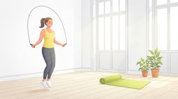 A woman jumping rope mid-skip in a bright home studio with tall sunlit windows, one of the exercises that burns the most calories per minute