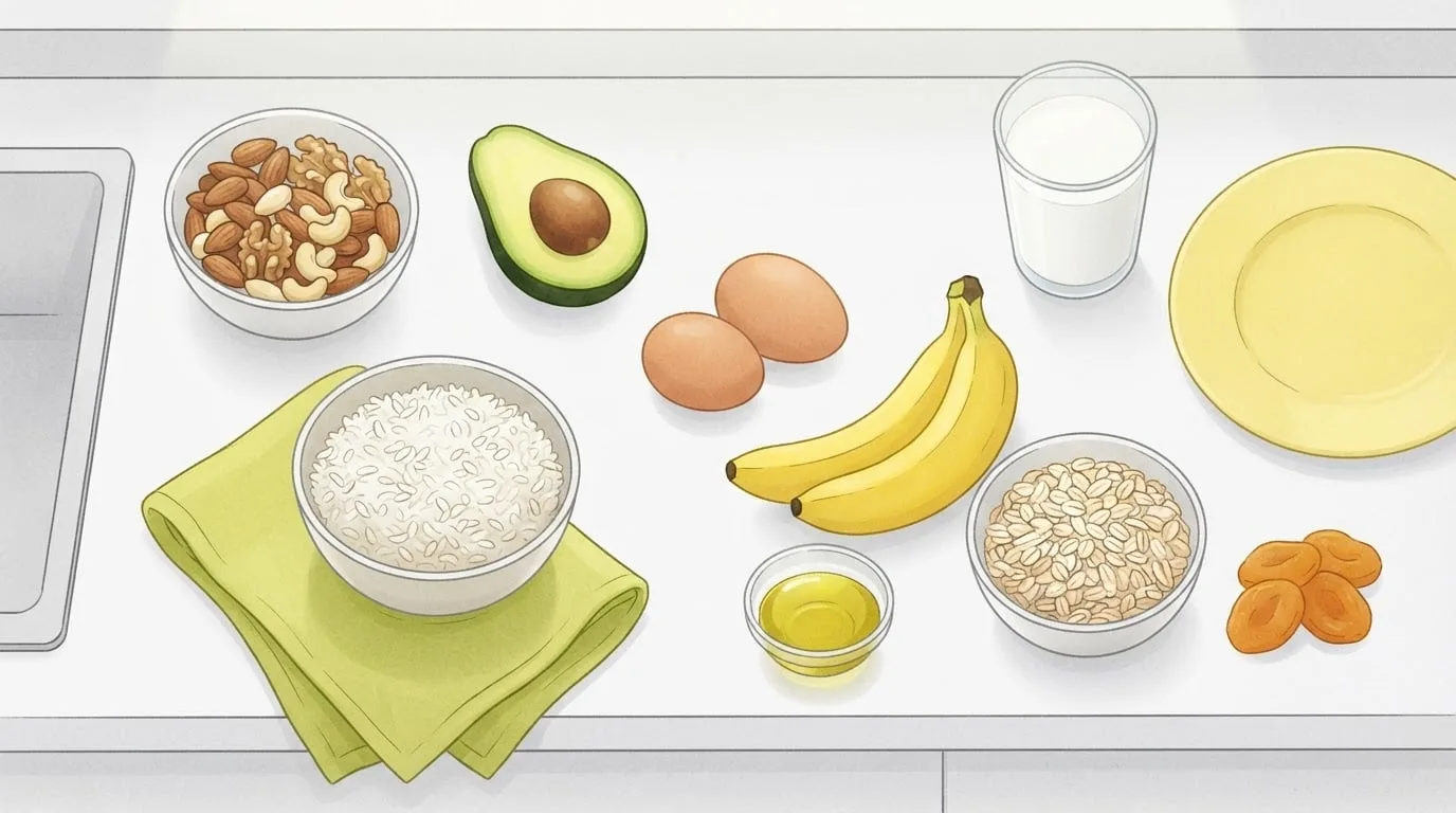 Overhead view of calorie-dense whole foods on a white counter, including mixed nuts, avocado, rice, eggs, bananas, oats, olive oil, dried apricots and a glass of milk, for a caloric surplus diet