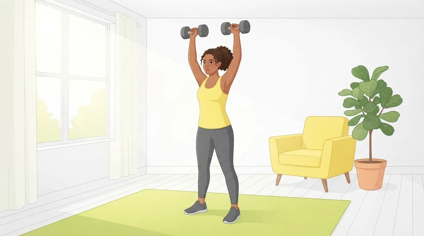 A woman pressing two dumbbells overhead on a green rug in a bright living room, the kind of strength training that helps a calorie surplus build muscle