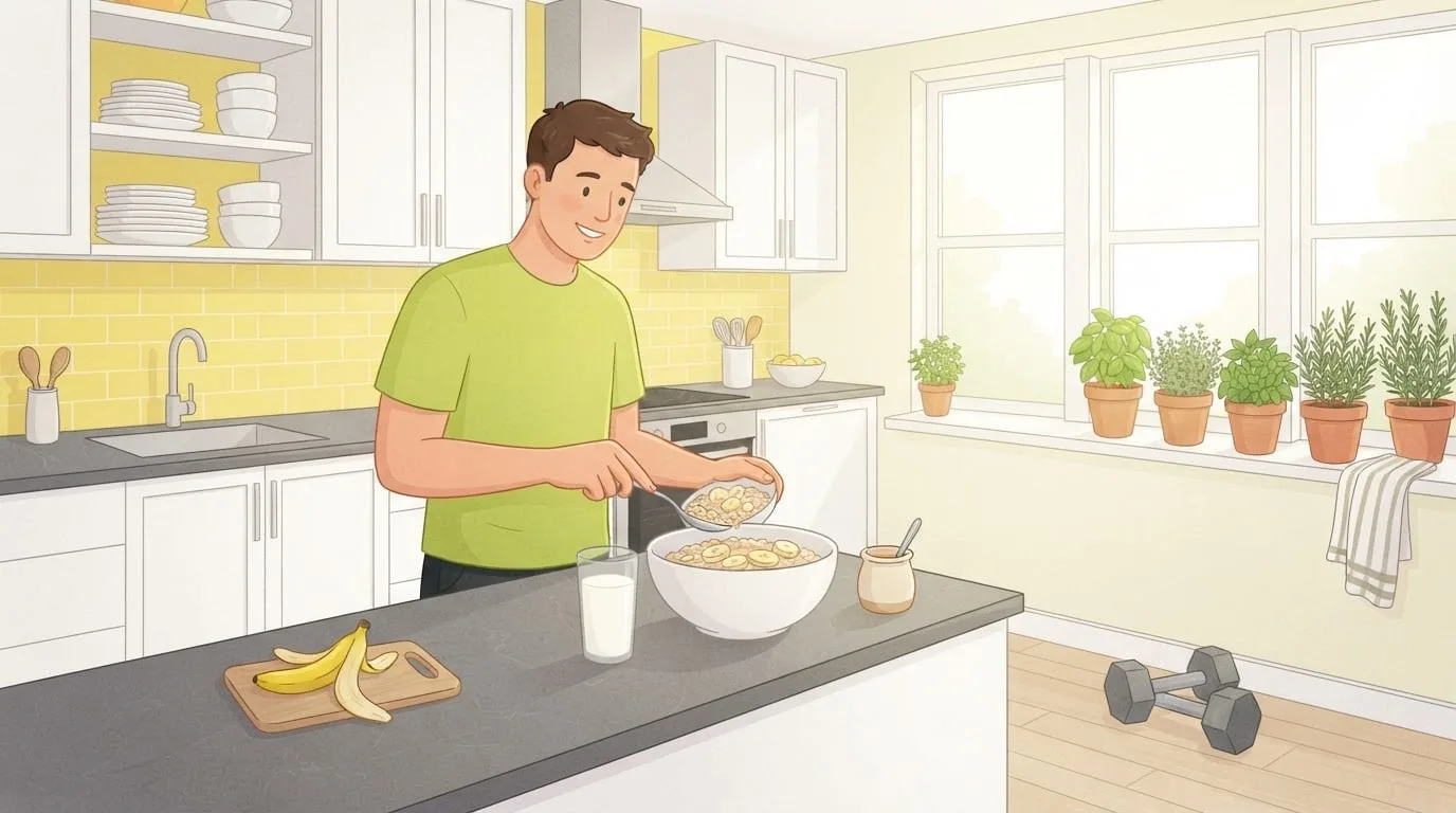 A young man in a bright kitchen spooning a second portion of oats and banana into a large bowl beside a glass of milk, with dumbbells on the floor, a simple way to eat in a calorie surplus