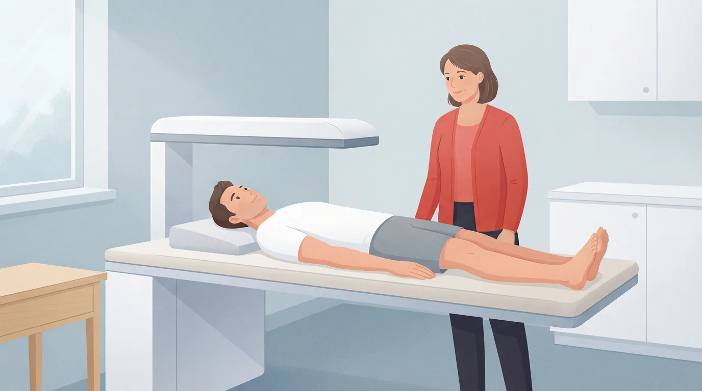 Um homem deitado imóvel na maca acolchoada de um escâner de composição corporal DXA numa sala de clínica tranquila, enquanto uma técnica de cardigã vermelho está em pé ao lado da maca, a forma prática mais precisa de medir o percentual de gordura corporal