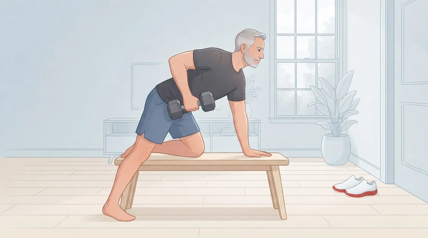 Un hombre canoso de unos cincuenta años hace un remo con mancuerna a un brazo con una rodilla y una mano sobre un banco de madera en una sala luminosa, con zapatillas blancas de correr esperando junto a la puerta para una carrera posterior