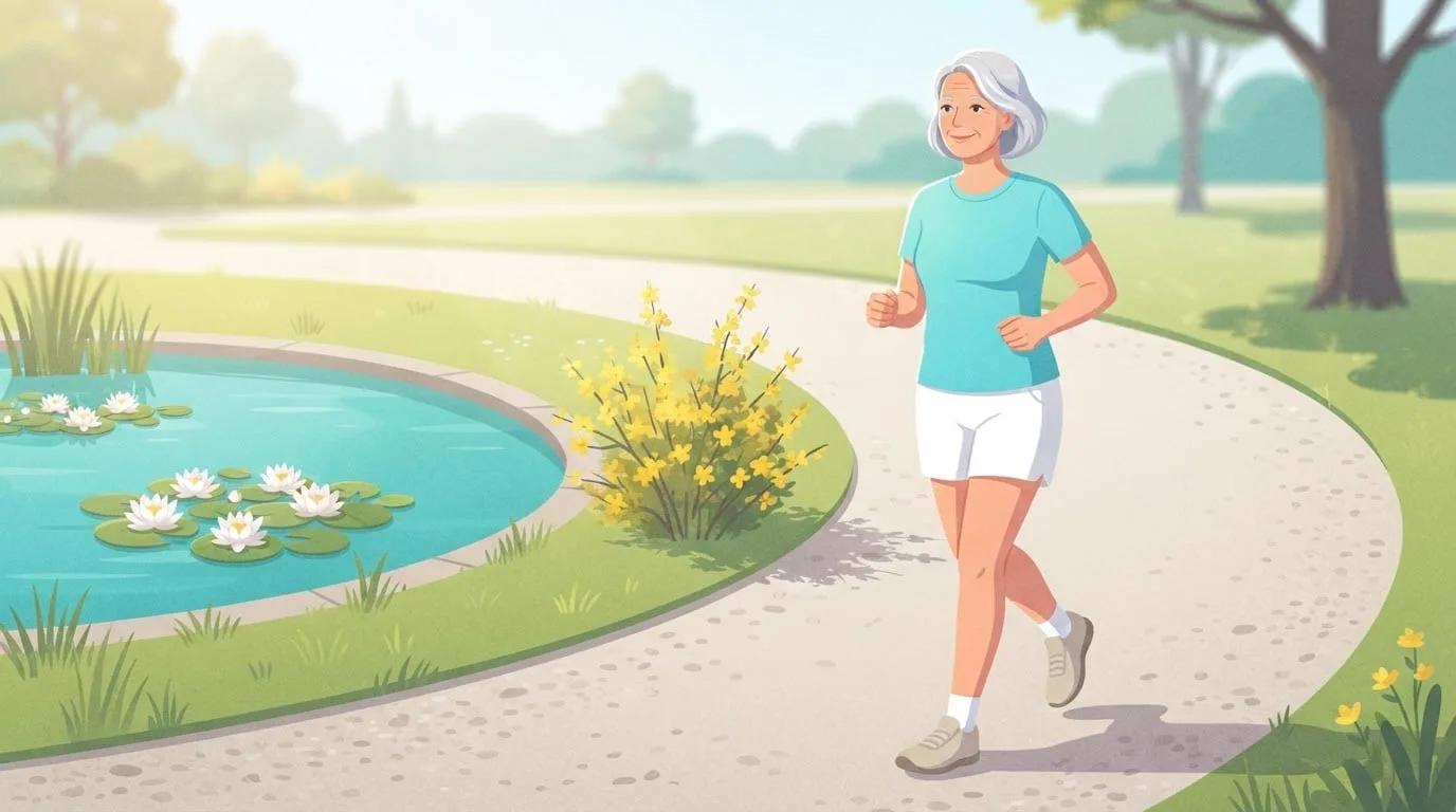Eine Frau in ihren Sechzigern mit silbernem Haar joggt mittags langsam und aufrecht auf einem flachen Kiesweg um einen türkisfarbenen Parkteich, ein lockeres Regenerationslauf-Tempo
