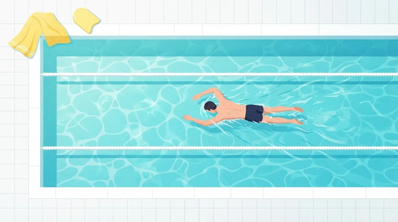 Draufsicht auf einen Mann, der in einem hellen türkisfarbenen Außenpool mit schlichten weißen Leinen lockere Bahnen schwimmt, ein gelbes Handtuch und ein Schwimmbrett am Beckenrand, eine stoßarme Alternative zu einem Regenerationslauf