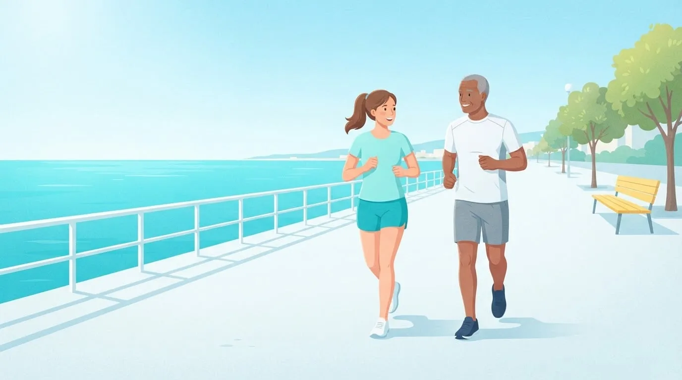 Eine Frau in ihren Dreißigern und ein Mann in seinen Fünfzigern joggen langsam nebeneinander und plaudern auf einer sonnigen Strandpromenade, die lockere, unterhaltsame Intensität eines Regenerationslaufs