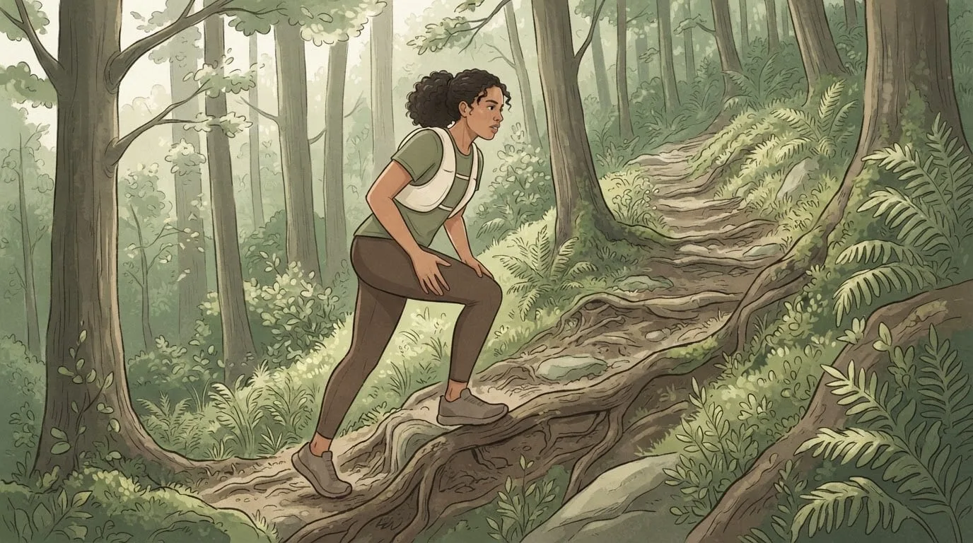 Una mujer de pelo oscuro y rizado sube caminando a paso fuerte por un sendero de bosque empinado y lleno de raíces, inclinada hacia adelante con las manos presionando los muslos, como suben muchos corredores de ultramaratón los tramos empinados
