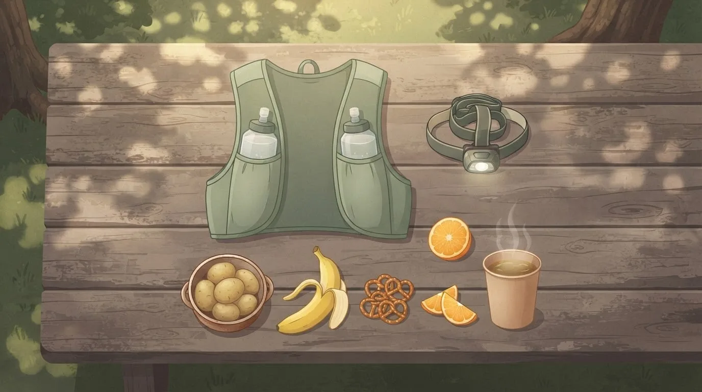 Vista cenital del equipo de un corredor de ultramaratón de trail sobre una mesa de picnic de madera, a la sombra moteada del bosque: un chaleco de hidratación verde salvia con dos botellas de agua, una linterna frontal, papas hervidas, un plátano, pretzels, rodajas de naranja y una taza de caldo