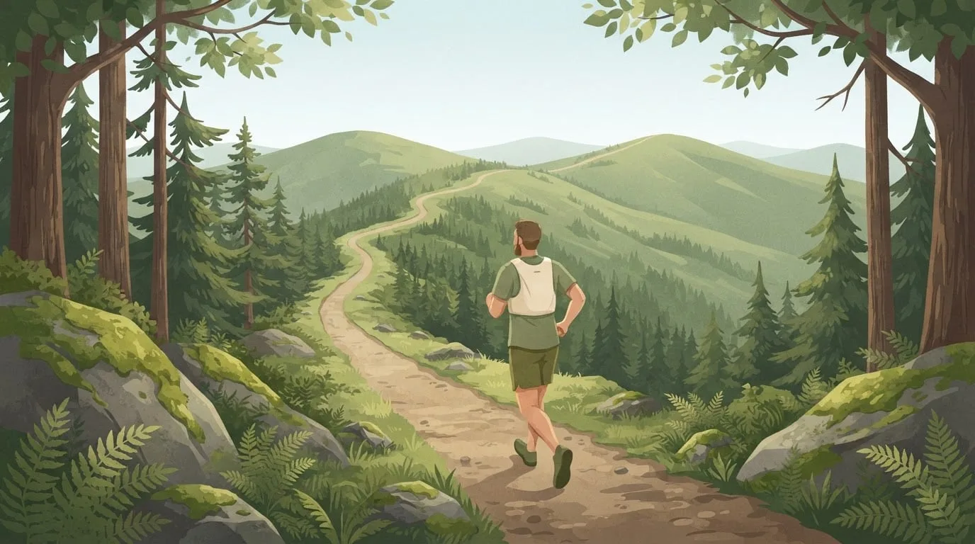 Un corredor barbudo con camiseta verde musgo y chaleco de running color crema trota por un sendero de tierra que serpentea entre colinas verdes cubiertas de bosque, con un largo camino por delante que sugiere la distancia de un ultramaratón