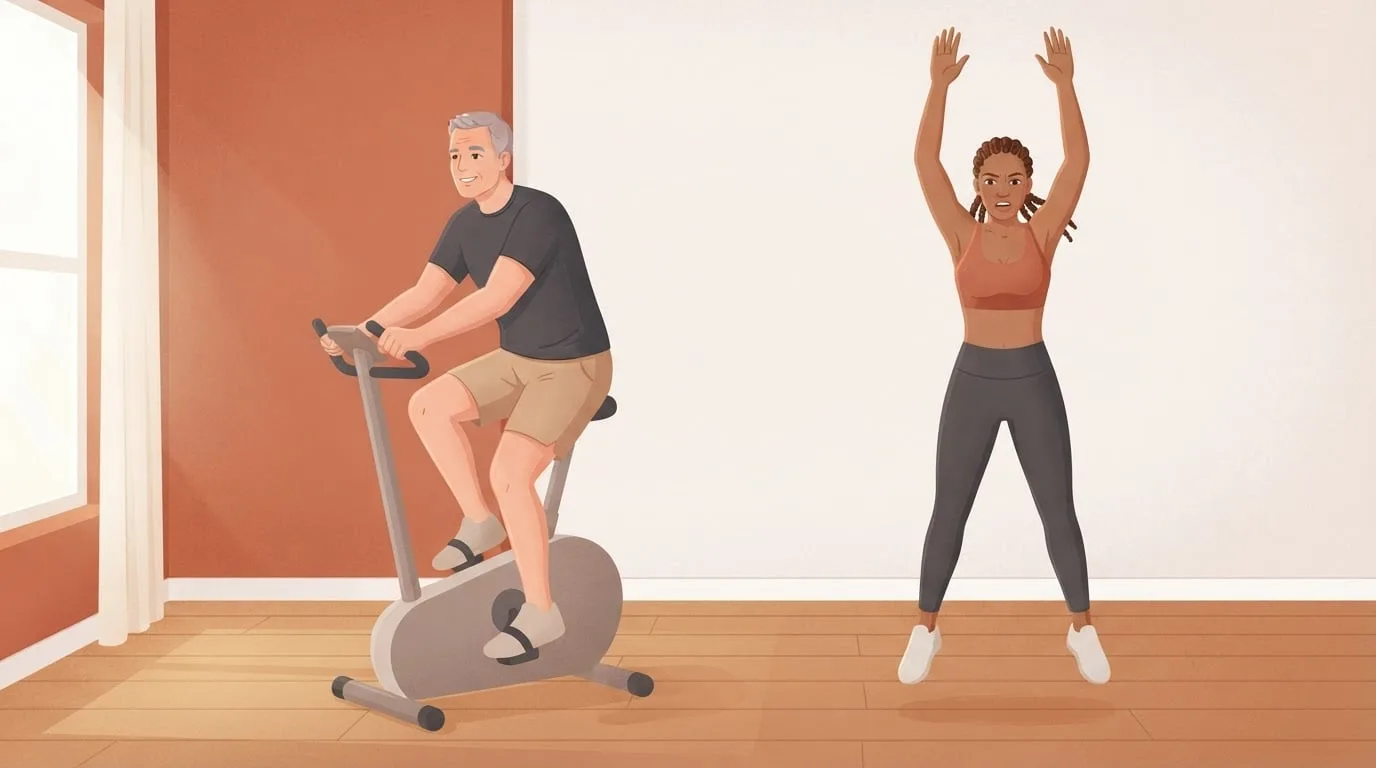 Side by side in a home studio, a grey-haired man pedals calmly on a stationary bike while a young woman with braids leaps off the floor at the top of a burpee, comparing aerobic and anaerobic exercise