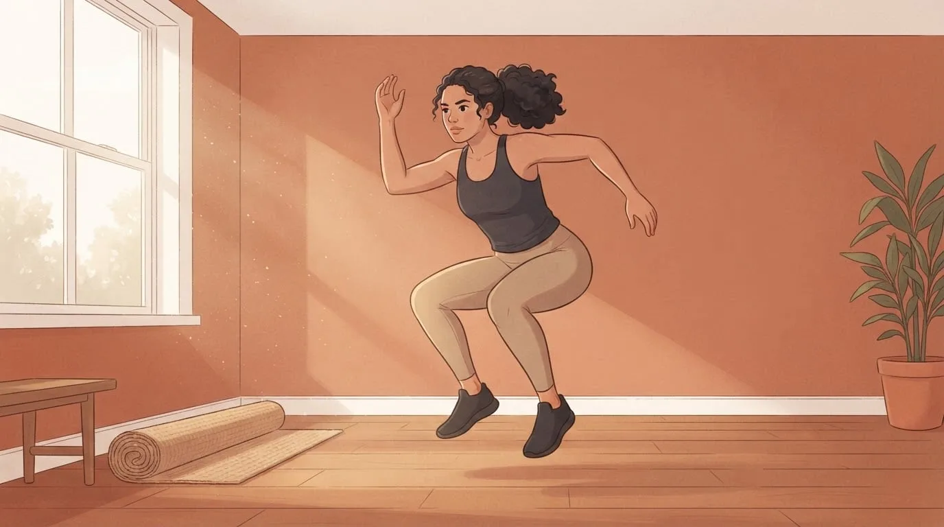 A woman with curly dark hair in mid-air during a jump squat in a sunlit terracotta living room, a short all-out effort that is a classic example of anaerobic exercise