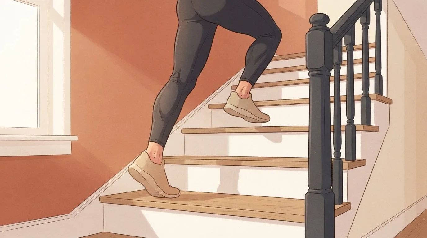 Close-up of legs in charcoal leggings and sand-colored running shoes sprinting up a wooden staircase two steps at a time, a simple anaerobic exercise at home