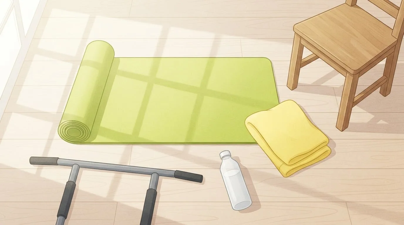 Overhead view of a simple home calisthenics setup on a wooden floor: an exercise mat, a doorway pull-up bar, a towel and a water bottle beside a sturdy wooden chair