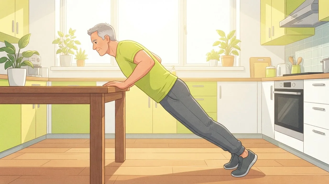 A man in his fifties doing an incline push-up with his hands on a sturdy wooden table in a bright kitchen, a beginner version of a calisthenics push-up