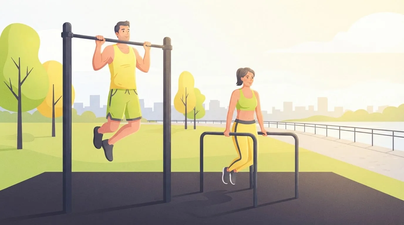 An outdoor calisthenics park by a river in bright morning light, with a man doing a pull-up on a high bar while a woman in her forties holds a straight-arm support on the parallel bars beside him
