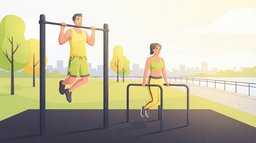 An outdoor calisthenics park by a river in bright morning light, with a man doing a pull-up on a high bar while a woman in her forties holds a straight-arm support on the parallel bars beside him