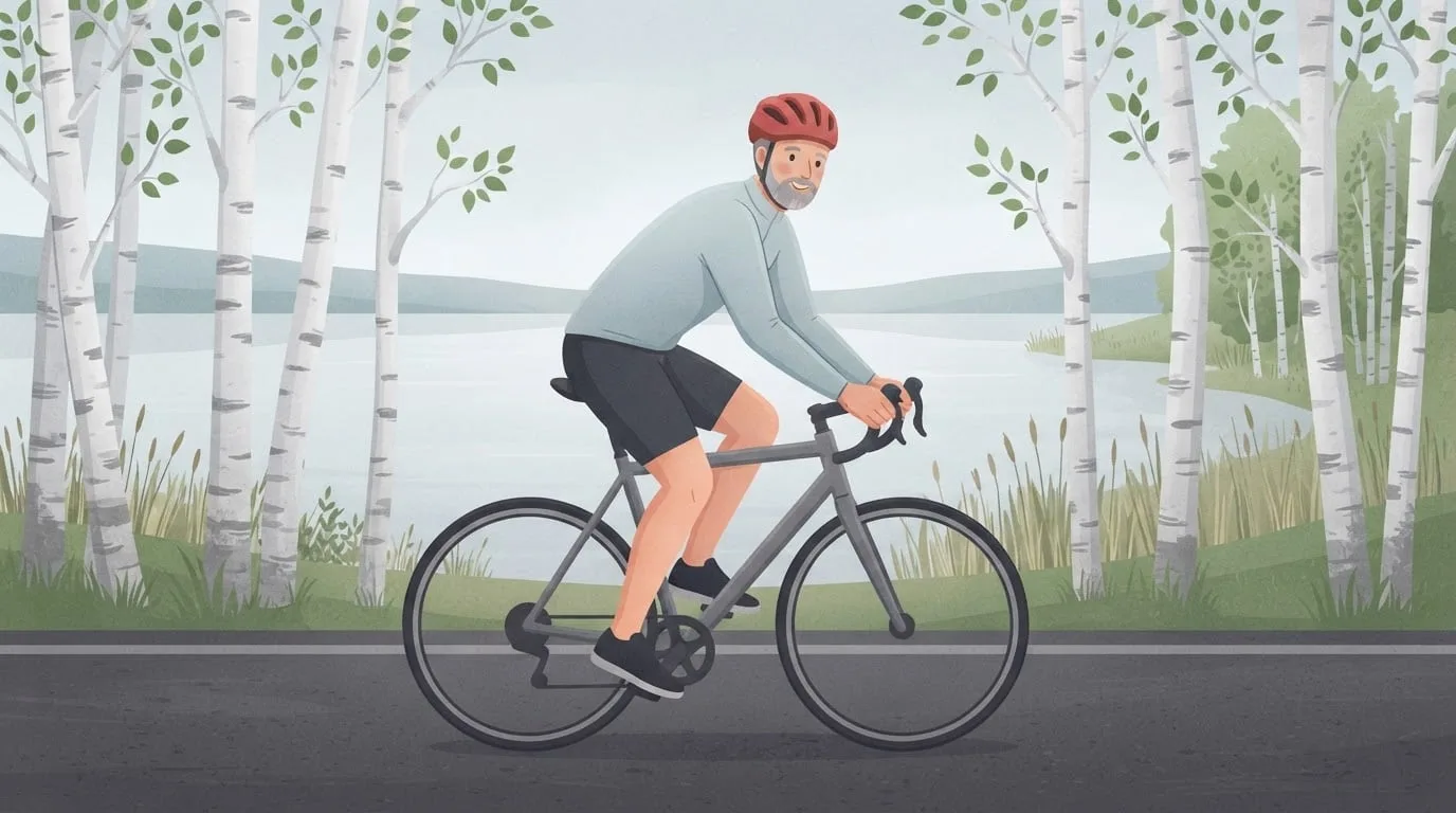 A man in his fifties with a grey beard riding a road bike at an easy pace along a quiet birch-lined lakeside road under an overcast sky, low-impact cross training for a runner