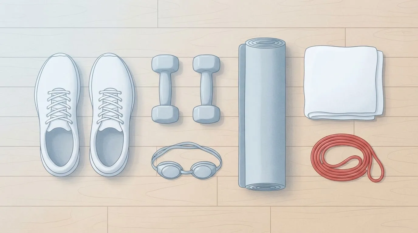 Overhead flat-lay of a cross-training kit on a birch wood floor: white running shoes, two plain dumbbells, swim goggles, a rolled yoga mat, a folded towel and a red resistance band
