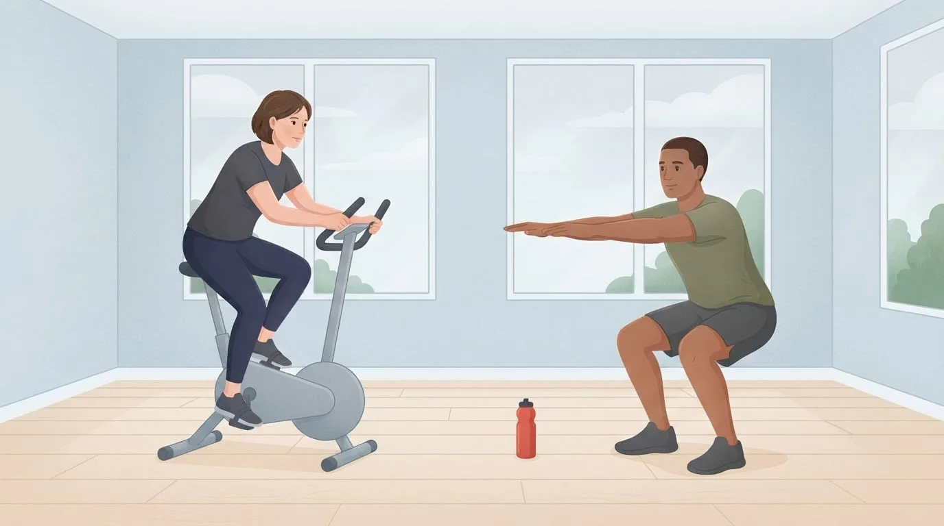 A woman in her forties pedalling a stationary bike while a man in his thirties does a bodyweight squat beside her in a calm studio with a birch wood floor, two kinds of exercise in one cross-training session