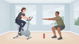 A woman in her forties pedalling a stationary bike while a man in his thirties does a bodyweight squat beside her in a calm studio with a birch wood floor, two kinds of exercise in one cross-training session